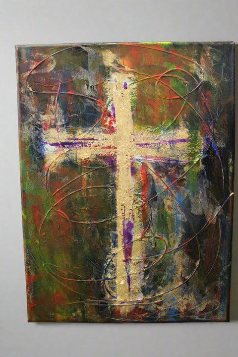 Abstract Mixed Media Artwork with Gold Textured Cross