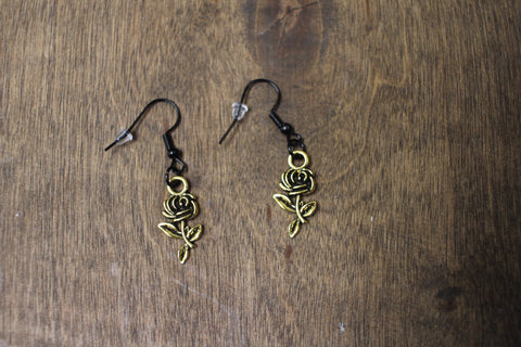 Handmade Gold Rose Dangle Earrings with Black Hook Finish