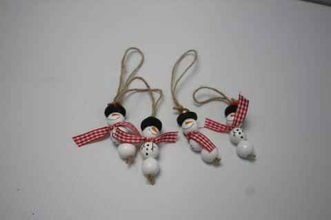 Wooden Snowman Ornament with Red and White Gingham Scarf and Black Hat