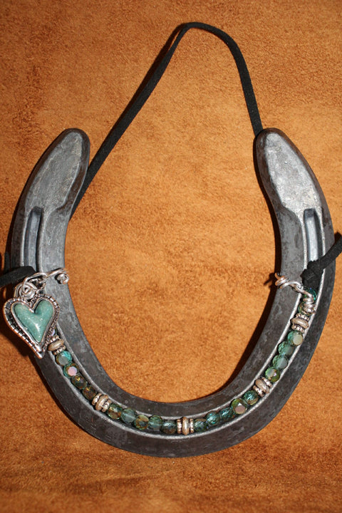 Live Lucky Decorative Horseshoe with Emerald Glass Beads and Green Heart Charm