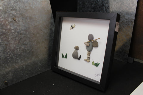 Boy Fishing with Dog Pebble Art by Amy