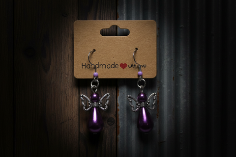 Purple Angel Wing Pearl Drop Earrings