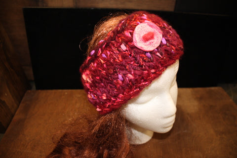 Red Funfetti Knitted Headband with Pink and Red Clay Button