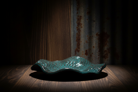 Handcrafted Textured Teal Ceramic Decorative Plate with Organic Shape