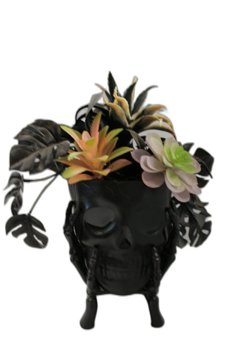 Black Skull Halloween Planter with Faux Succulents