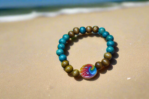 Tye Dye Flat Bead w/ Blue &Brown Round Bead Bracelet by Theiss