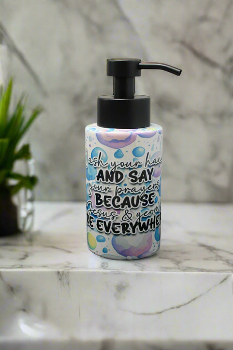 "Motivational Bubble-Themed Soap Dispenser with Black Pump and 'Wash Your Hands'