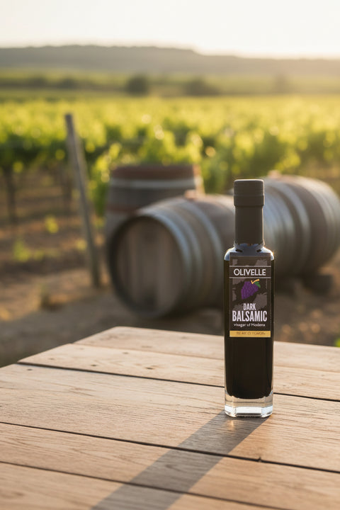 Bottle of Olivelle Dark Balsamic on a wooden table with vineyard background