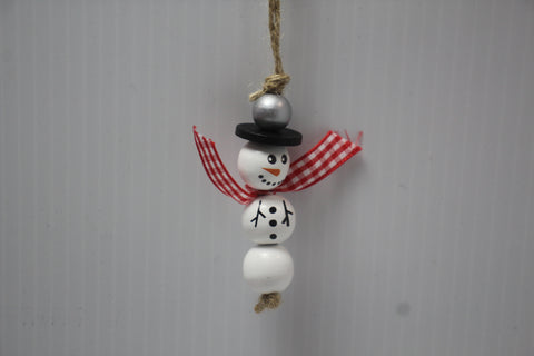 Wooden Snowman Ornament with Red and White Gingham Scarf and Black Hat