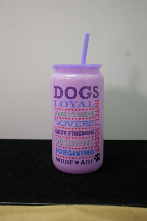 "Purple Glass Tumbler with Dog-Themed Typography Design and Straw"