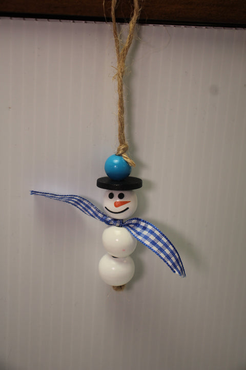 Wooden Snowman Ornament with Blue and White Gingham Scarf and Black Hat