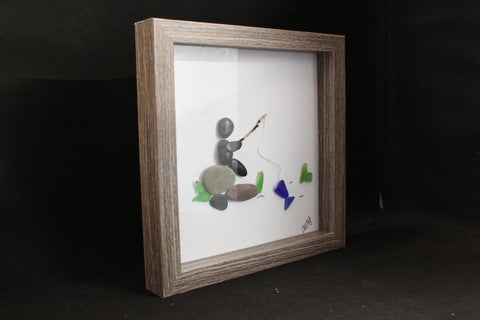 Man Fishing Rock and Beach Glass Shadow Box