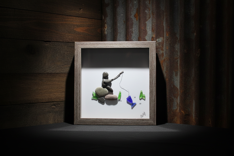 Man Fishing Rock and Beach Glass Shadow Box