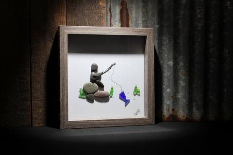 Man Fishing Rock and Beach Glass Shadow Box