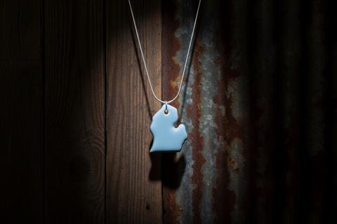 Glossy Light Blue Michigan Pendant Necklace with Silver Chain