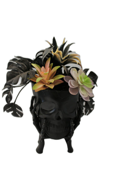 Black Skull Halloween Planter with Faux Succulents