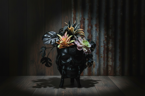 Black Skull Halloween Planter with Faux Succulents