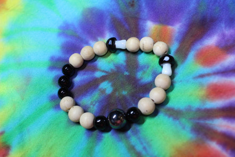 Black Mushroom W/Hemitite and Tan Wood Beads  Bracelet by Theiss Tye Dye Studio