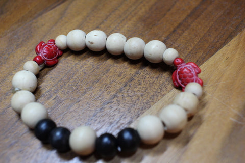 Red Turtle w/Tan and Black Wood Beads Bracelet By Theiss Tye Dye Studios