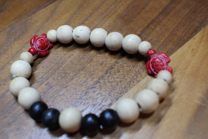 Red Turtle w/Tan and Black Wood Beads Bracelet By Theiss Tye Dye Studios