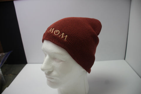 Rust Red Knit Beanie with "Dog Mom" Embroidery