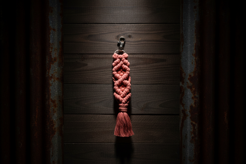 Brick Red Macramé Keychain with Tassel and Gold Clip