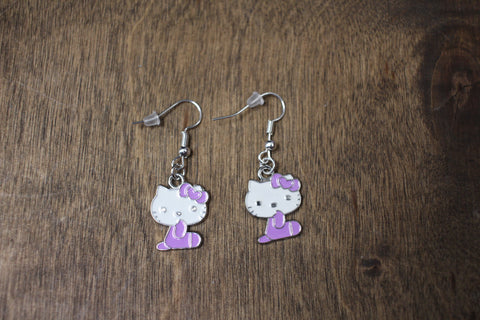 Handmade Hello Kitty Earrings with Purple Bow and Outfit in Silver-Tone