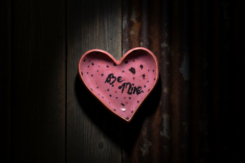 Handcrafted Pink Ceramic Heart-Shaped Dish with "Be Mine" Text and Heart Motifs