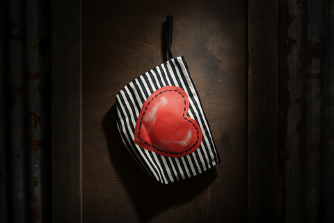 Black-and-White Striped Canvas Zipper Cosmetic Bag with Red Heart Design