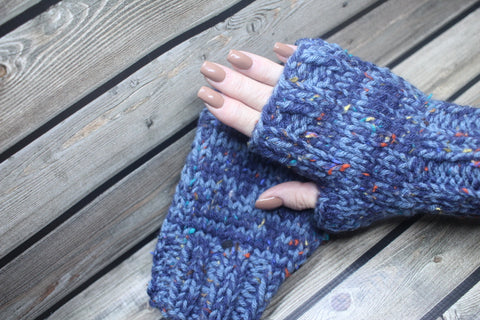 Pastel Blues Fingerless Mitts Size OSFA Acrylic Knitted Gloves