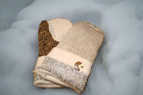 Oatmeal, Brown and Gray Mittens with Wooden Button