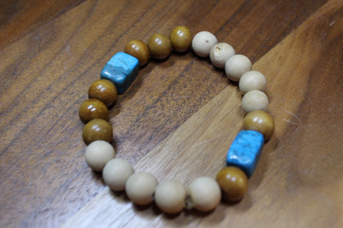 2 Turquoise Rectangle Bead w/ Tan Wood Bead Bracelet by Theiss