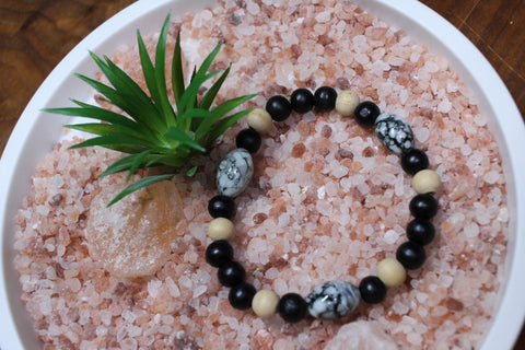 Black & White Marble Beads w/ Black & tan small wood Beads Bracelet by Theiss