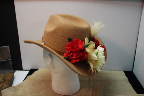 Tan Felt Cowboy Hat with Star-Studded Leather Band and Red & White Floral Side D