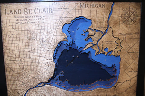 19 1/4x15 1/2 Lake St. Clair 3D Wood Map by Lucky Arrow Designs