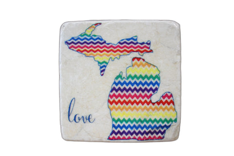 Michigan 4x4 Marble Coaster - Rainbow Chevron Pattern with "Love" Text