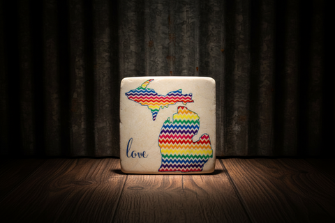 Michigan 4x4 Marble Coaster - Rainbow Chevron Pattern with "Love" Text