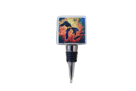 Square Beige Tile Wine Stopper with Vibrant Blue Great Lakes and Fiery Orange
