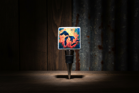 Square Beige Tile Wine Stopper with Vibrant Blue Great Lakes and Fiery Orange