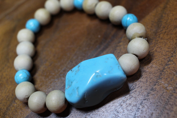 Turquoise Chunk Bead w/Turquoise round &Tan Wood bead Bracelet by Theiss