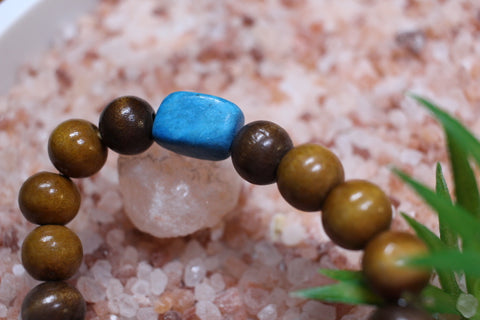 Turquoise Rectangle Bead with Brown Wood Bead Bracelet By Theiss