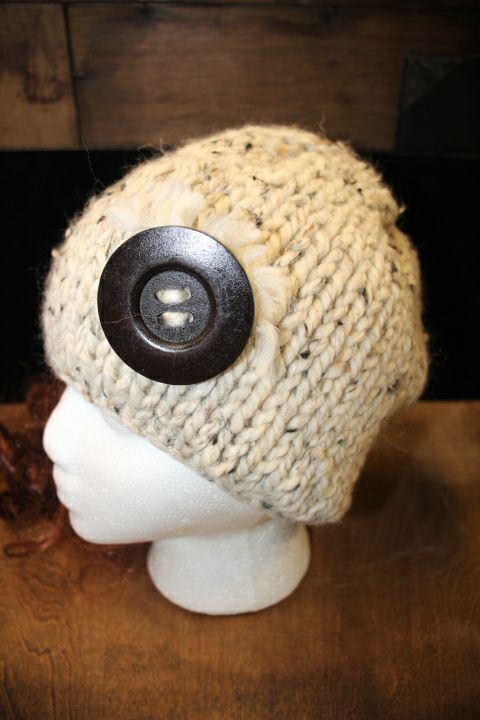 Cream with Flecks Knit Hat W/Large Round Button