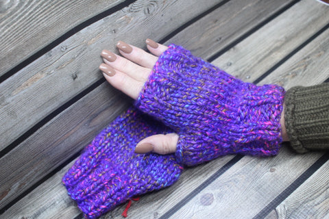 Purple Fingerless Mitts Size OSFA Acrylic Knitted Gloves