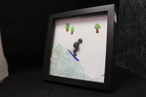 Pebble Art Downhill Skiing Shadow Box by Art By Amy