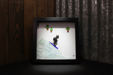 Pebble Art Downhill Skiing Shadow Box by Art By Amy