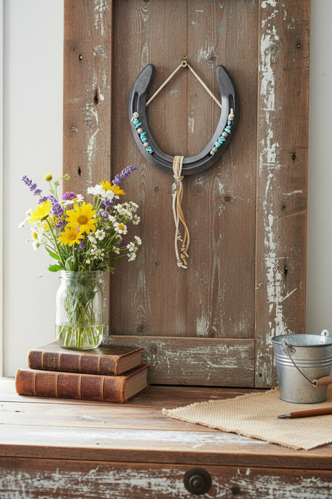 Live Lucky Decorative Horseshoe with Leather Fringe and Feather Beads