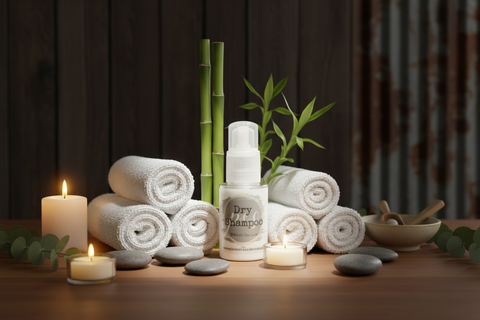 Bath products including towels, candles, and a bottle labeled 'Dry Shampoo' on a wooden surface with a dark background.