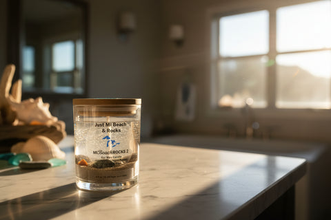 Glass candle jar with wooden lid labeled 'Just MI Beach & Rocks' on a neutral background