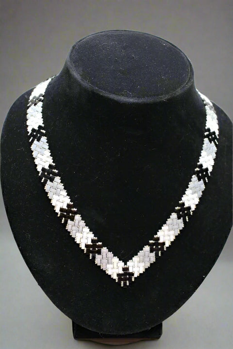 10" Herringbone Beaded Black/White  Necklace by Outrageously Millie