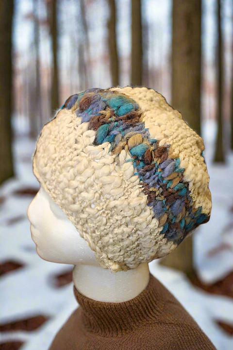 Oatmeal W/Shades of Blue and Brown Stripe Knit Hat